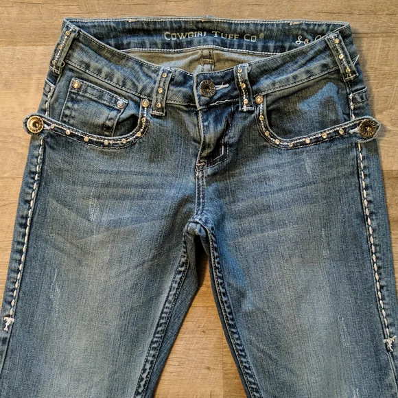 COWGIRL TUFF Sonora bootcut blingy Aztec embroidered blue jeans JS0N0R sz 24x33L - Picture 6 of 15